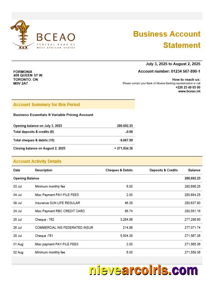 The Central Bank of West African States organization checking account statement